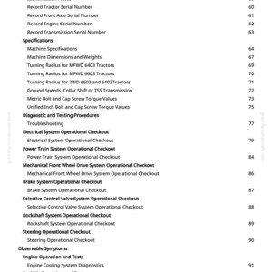 May include: A page from a manual with a table of contents. The text includes sections on tractor component identification, specifications, diagnostic procedures, and operational checkouts. The page number is 3.