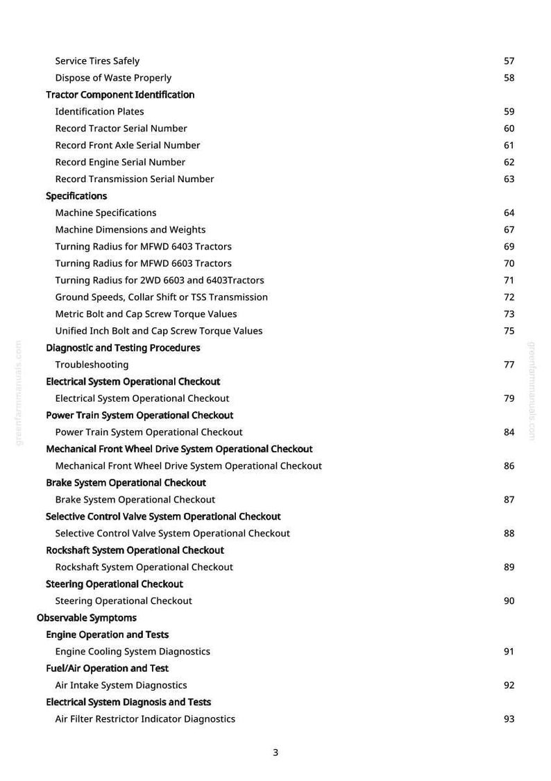 May include: A page from a manual with a table of contents. The text includes sections on tractor component identification, specifications, diagnostic procedures, and operational checkouts. The page number is 3.