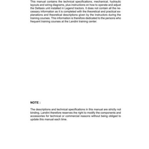 May include: A white manual page with the title "PREFACE" at the top. The text describes technical specifications, layouts, and instructions for Legend tractors. The bottom of the page includes "PRE-SALE SERVICE June 2000".