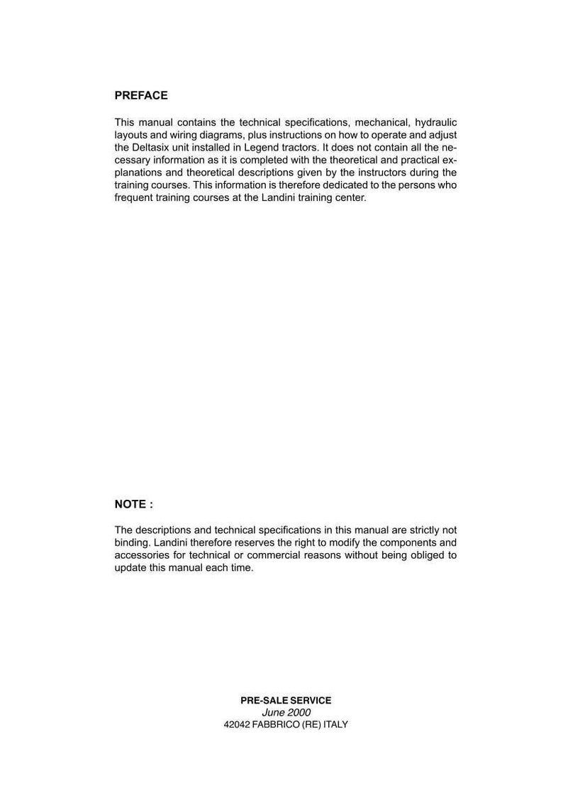 May include: A white manual page with the title "PREFACE" at the top. The text describes technical specifications, layouts, and instructions for Legend tractors. The bottom of the page includes "PRE-SALE SERVICE June 2000".