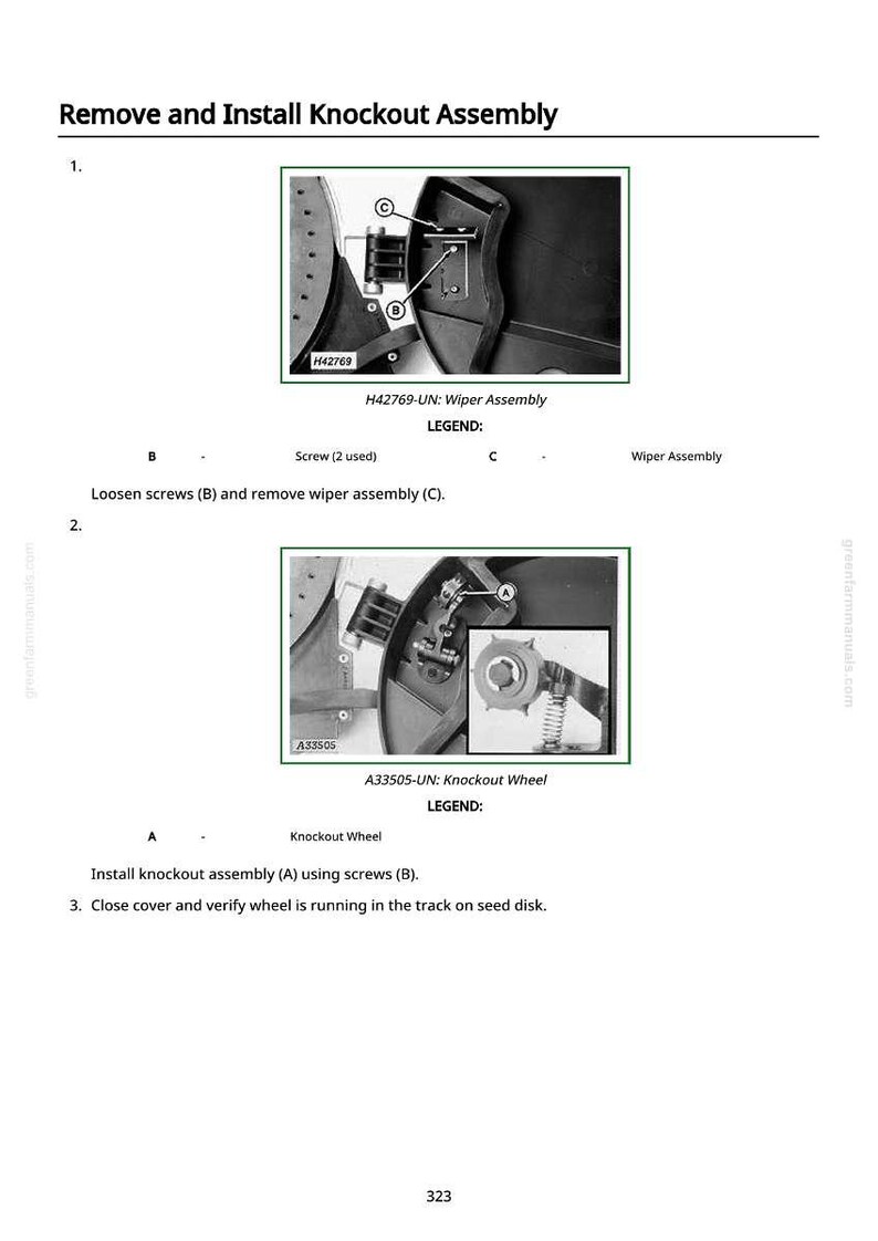 May include: Diagram illustrating the removal and installation of a knockout assembly. The image includes close-ups of parts labeled with letters and numbers, along with the text "H42769-UN: Wiper Assembly" and "A33505-UN: Knockout Wheel."