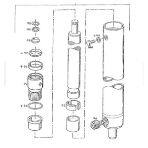 Puede incluir: Un diagrama expl&iacute;cito de cilindros de elevaci&oacute;n, con varios componentes etiquetados. La imagen incluye piezas cil&iacute;ndricas, pernos y anillos, todo en un estilo de dibujo t&eacute;cnico. El texto "Lift cylinders" est&aacute; en la parte superior.