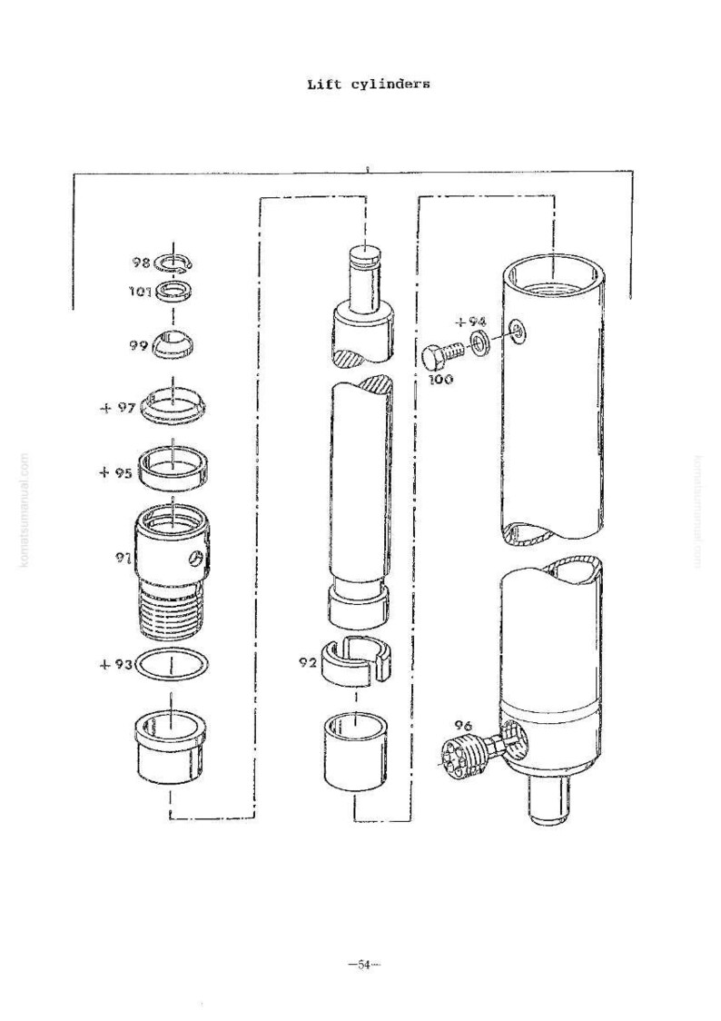 Puede incluir: Un diagrama expl&iacute;cito de cilindros de elevaci&oacute;n, con varios componentes etiquetados. La imagen incluye piezas cil&iacute;ndricas, pernos y anillos, todo en un estilo de dibujo t&eacute;cnico. El texto "Lift cylinders" est&aacute; en la parte superior.