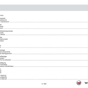 Op de afbeelding: Een pagina uit een handleiding met de titel "Inhaltsverzeichnis Contents Table des mati&egrave;res". Het document bevat diverse service- en motoronderdelen, waaronder luchtfilters, slijtdelen en brandstofsystemen. Het Weidemann-logo staat rechtsonder.