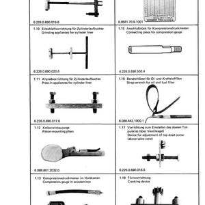 May include: A page from a manual featuring various automotive tools and components. The tools include extracting devices, grinding appliances, press-in appliances, piston-mounting pliers, and a compression gauge. The page also includes a chart with 50 pieces.