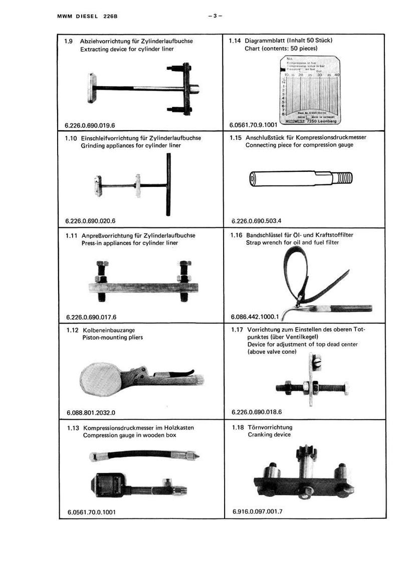 May include: A page from a manual featuring various automotive tools and components. The tools include extracting devices, grinding appliances, press-in appliances, piston-mounting pliers, and a compression gauge. The page also includes a chart with 50 pieces.