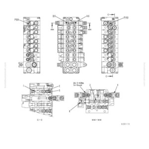 May include: Technical diagram of a control valve, featuring a 9-spool valve design. The image includes multiple views and cross-sections, labeled with measurements and annotations. Text includes "Structure, Function and Maintenance Standard."