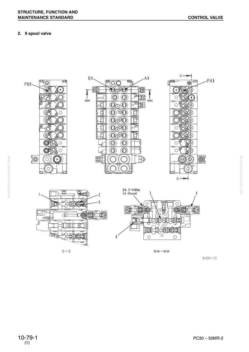 May include: Technical diagram of a control valve, featuring a 9-spool valve design. The image includes multiple views and cross-sections, labeled with measurements and annotations. Text includes "Structure, Function and Maintenance Standard."