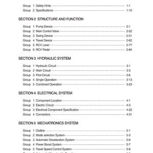 Pode incluir: Um sum&aacute;rio detalhado de um manual, com se&ccedil;&otilde;es sobre informa&ccedil;&otilde;es gerais, estrutura, fun&ccedil;&atilde;o, hidr&aacute;ulica, el&eacute;trica e sistemas mecatr&oacute;nicos. O texto &eacute; preto sobre fundo branco.
