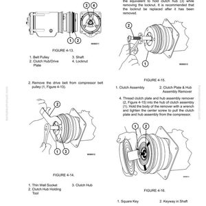 Puede incluir: Diagramas t&eacute;cnicos de un manual que detallan la extracci&oacute;n y el montaje de componentes del compresor de aire acondicionado. Las ilustraciones muestran herramientas como enchufes y llaves utilizadas en piezas como la polea de la correa, el cubo del embrague y la contratuerca.