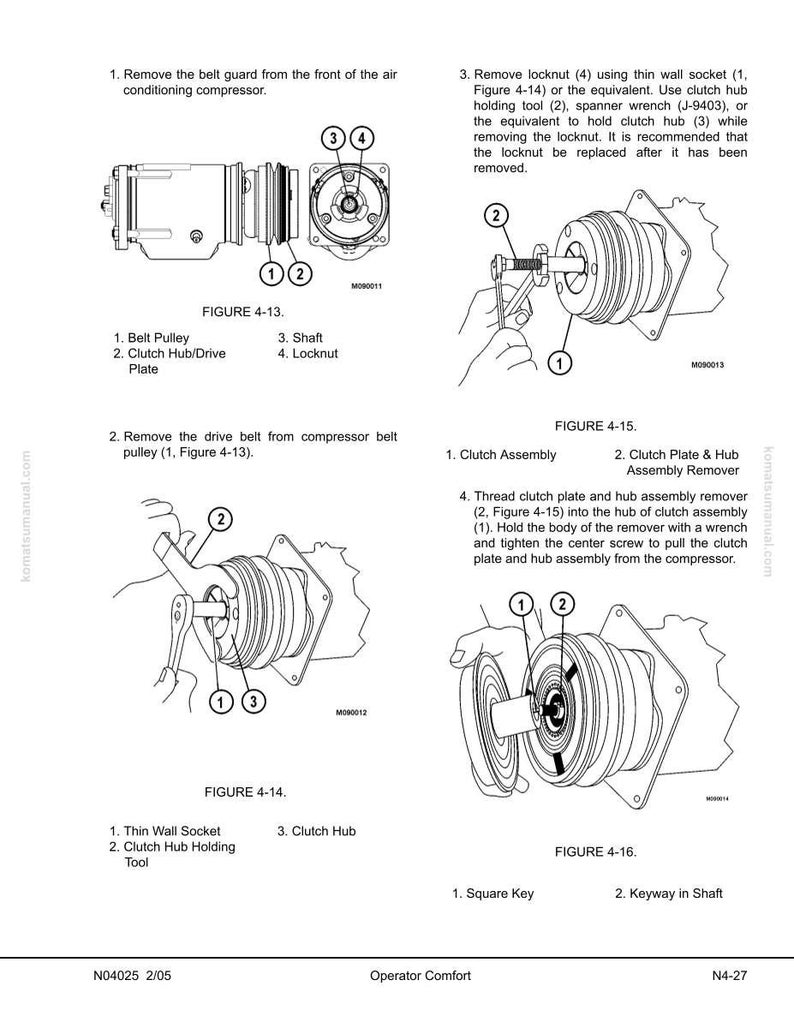 Puede incluir: Diagramas t&eacute;cnicos de un manual que detallan la extracci&oacute;n y el montaje de componentes del compresor de aire acondicionado. Las ilustraciones muestran herramientas como enchufes y llaves utilizadas en piezas como la polea de la correa, el cubo del embrague y la contratuerca.