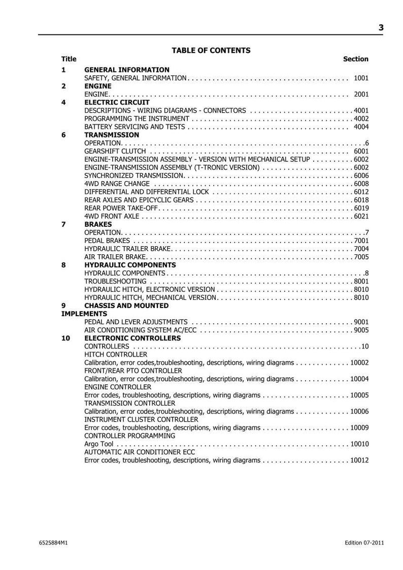 K&ouml;nnte beinhalten: Eine Seite aus einem Handbuch mit dem Titel "INHALTSVERZEICHNIS" mit Abschnitten wie "ALLGEMEINE INFORMATIONEN", "MOTOR", "ELEKTRISCHER KREIS", "GETRIEBE", "BREMSEN" und "ELEKTRONISCHE STEUERUNGEN". Das Dokument ist von 07-2011.