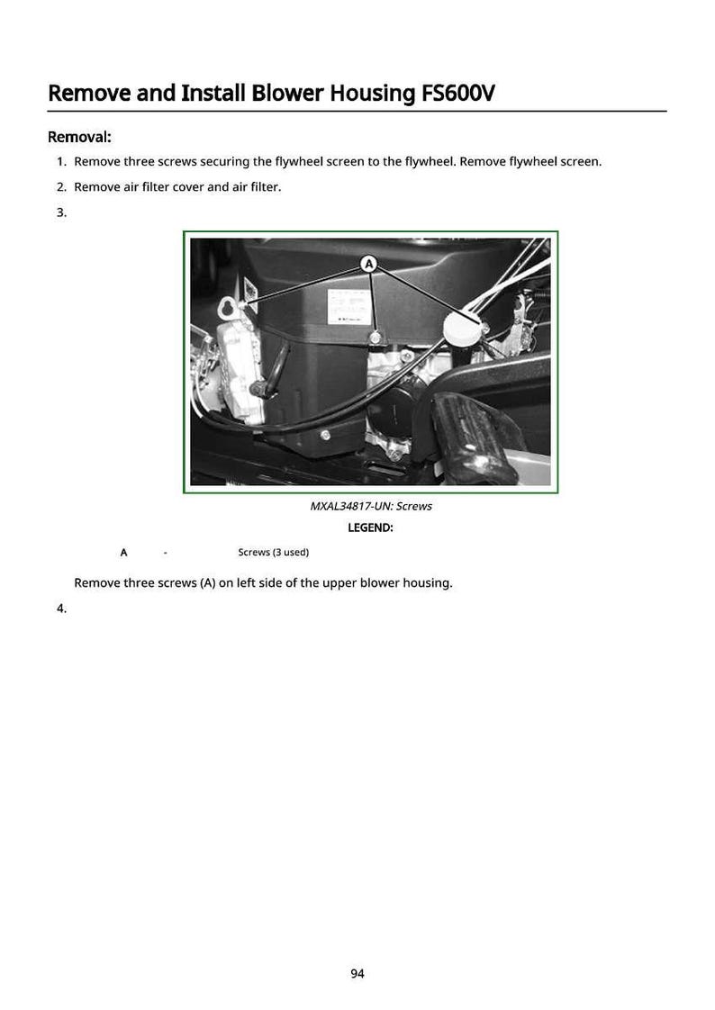 May include: Diagram showing the removal and installation of a blower housing, FS600V model. The image includes text instructions and a labeled diagram of the engine components, including screws and the air filter.