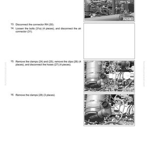 K&ouml;nnte beinhalten: Seite aus einem technischen Handbuch mit Diagrammen zur Demontage und Montage einer Zylinderkopfbaugruppe. Enth&auml;lt Nahaufnahmen von Motorkomponenten, Schrauben, Klemmen und Steckern. Textanweisungen sind ebenfalls enthalten.