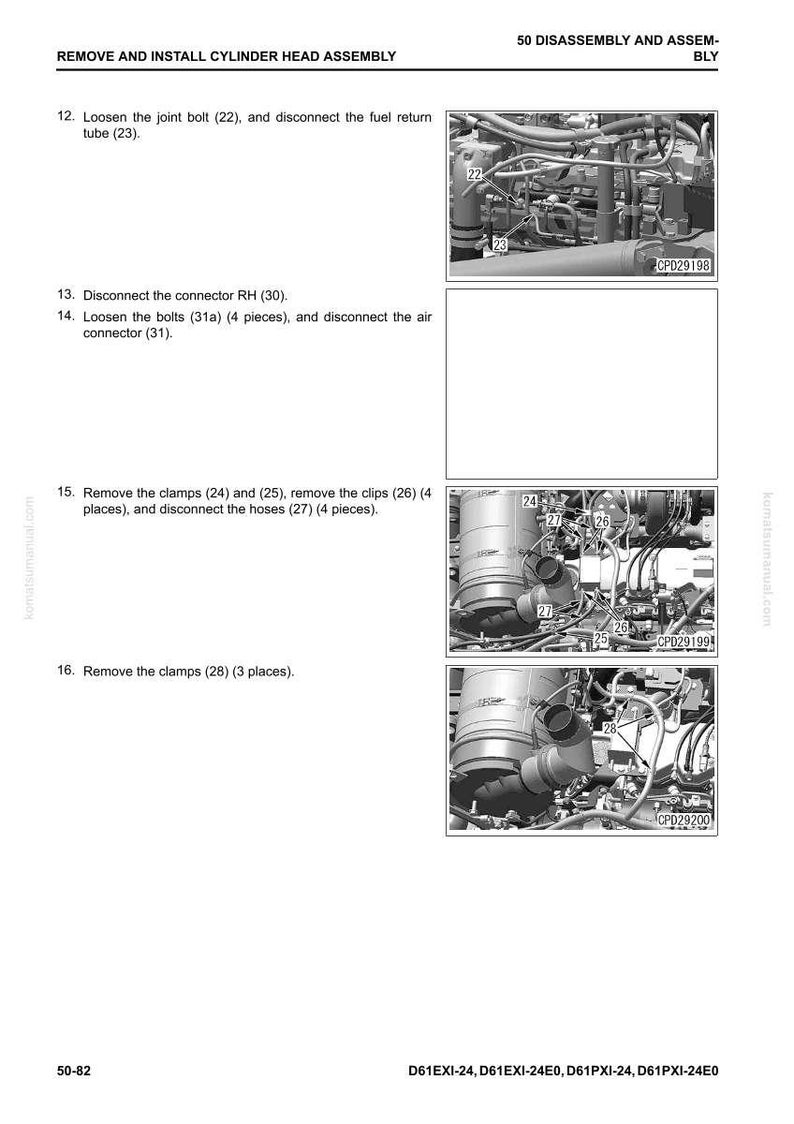 K&ouml;nnte beinhalten: Seite aus einem technischen Handbuch mit Diagrammen zur Demontage und Montage einer Zylinderkopfbaugruppe. Enth&auml;lt Nahaufnahmen von Motorkomponenten, Schrauben, Klemmen und Steckern. Textanweisungen sind ebenfalls enthalten.