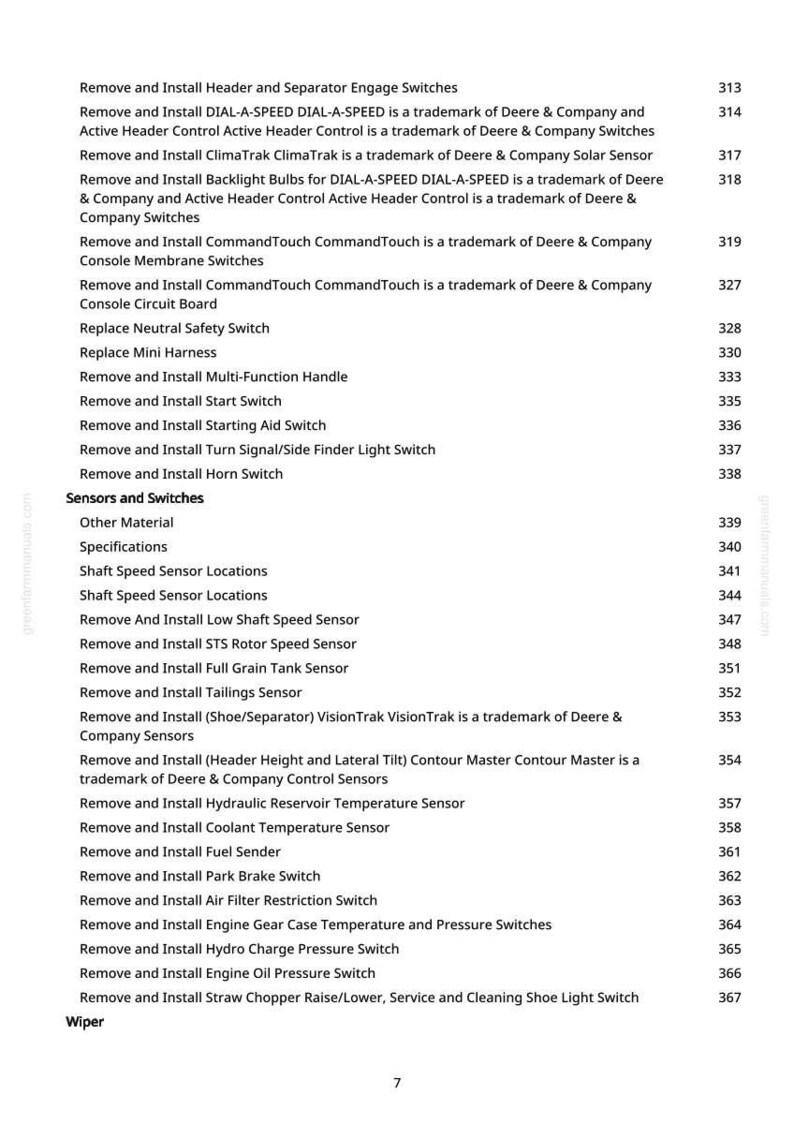 May include: A white page with a list of instructions for removing and installing various parts, including sensors, switches, and other components. The text is black and organized in a numbered format, with page number 7 at the bottom.