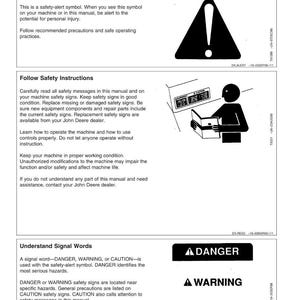 May include: A safety manual page with the title "Safety" at the top. The page includes safety instructions, signal words, and a safety-alert symbol. The manual provides information on recognizing safety information and following safety instructions.