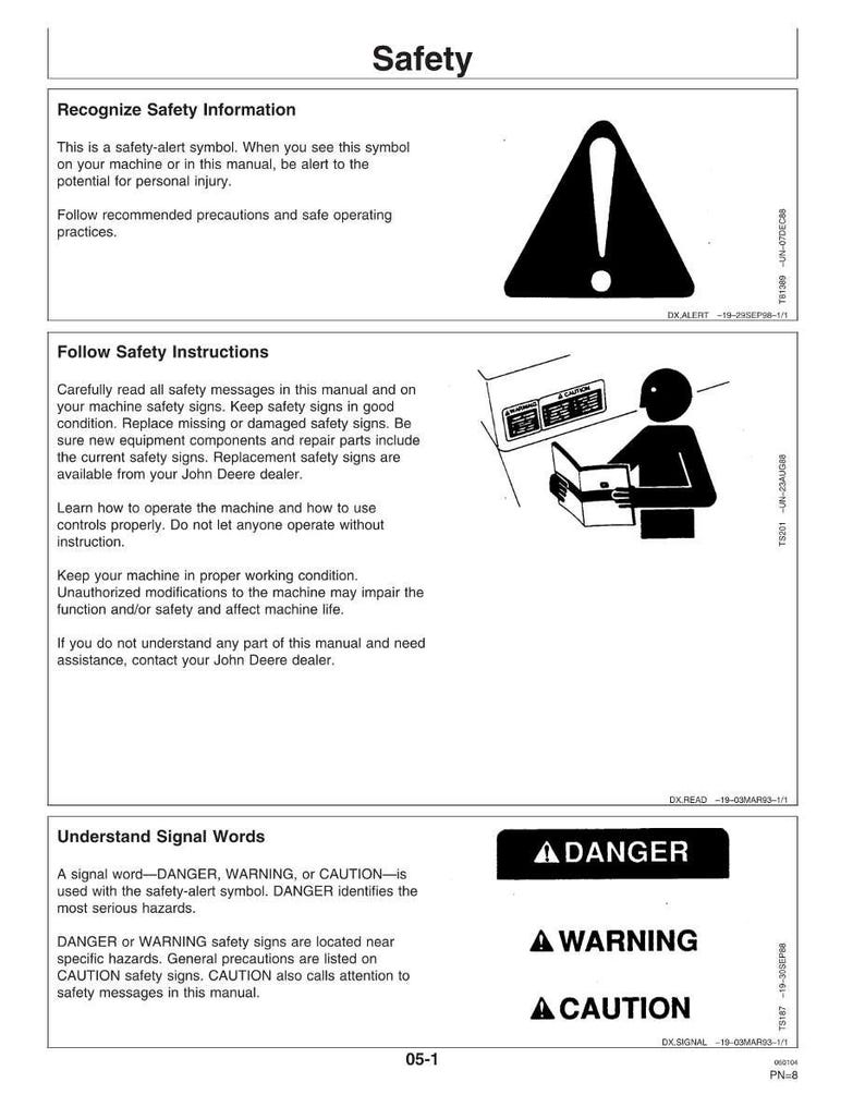 May include: A safety manual page with the title "Safety" at the top. The page includes safety instructions, signal words, and a safety-alert symbol. The manual provides information on recognizing safety information and following safety instructions.