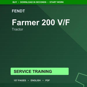 May include: A dark green graphic with the Fendt logo and the words "Farmer 200 V/F Tractor." The text "Service Training" is in a light green box. Additional text includes "157 Pages, English, PDF."