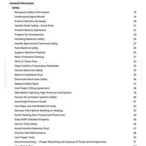 May include: A white page titled "Table of Contents" from a manual. The table lists safety topics such as "Prevent Machine Runaway", "Handle Fluids Safely", and "Avoid Harmful Asbestos Dust".