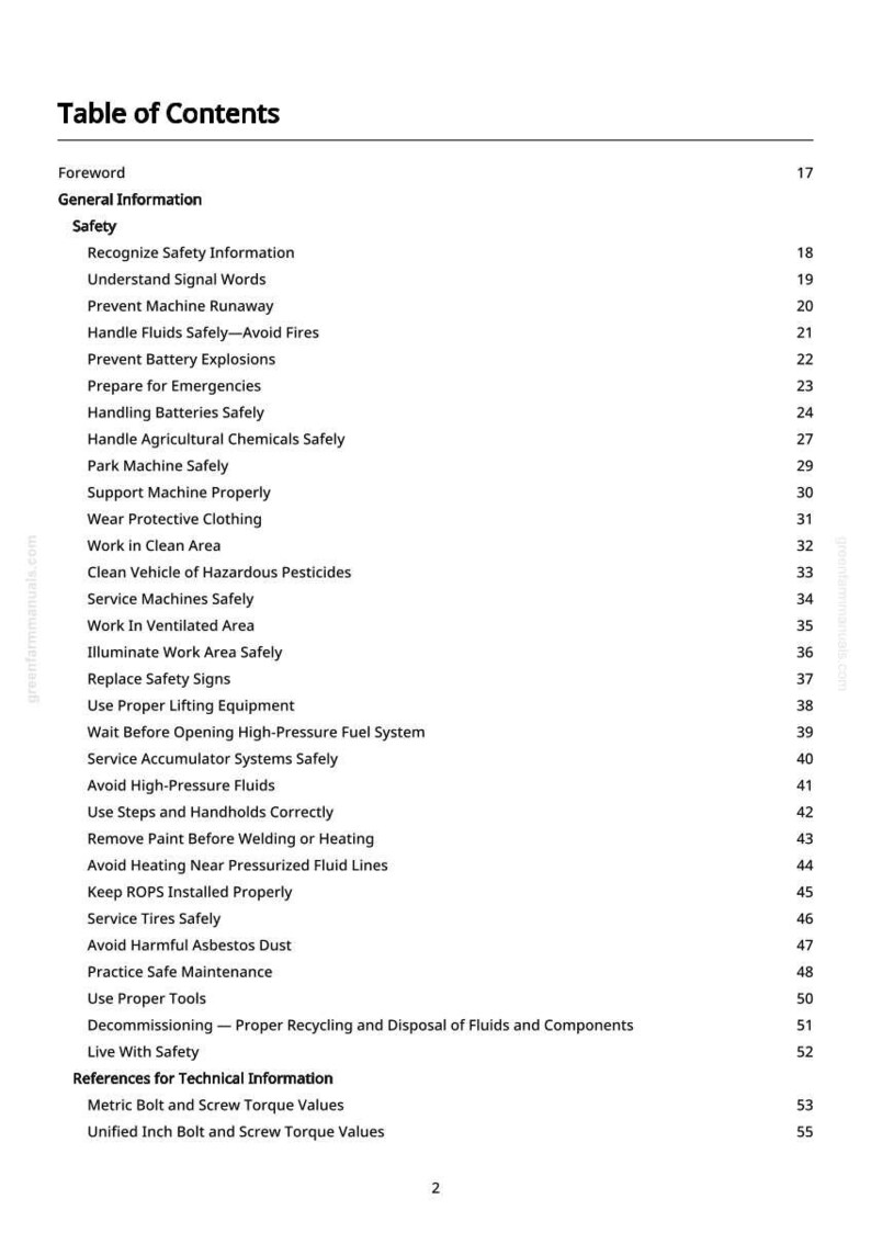 May include: A white page titled "Table of Contents" from a manual. The table lists safety topics such as "Prevent Machine Runaway", "Handle Fluids Safely", and "Avoid Harmful Asbestos Dust".