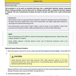 May include: A page from a manual detailing hydraulic component failure cleanup procedures. Includes a list of essential tools, safety warnings, and step-by-step instructions for maintenance and repair. The text is in black font on a white background.