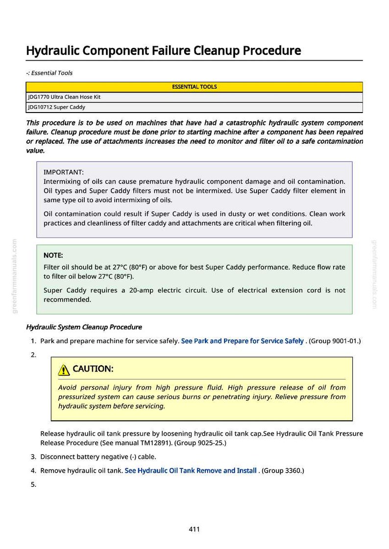 May include: A page from a manual detailing hydraulic component failure cleanup procedures. Includes a list of essential tools, safety warnings, and step-by-step instructions for maintenance and repair. The text is in black font on a white background.