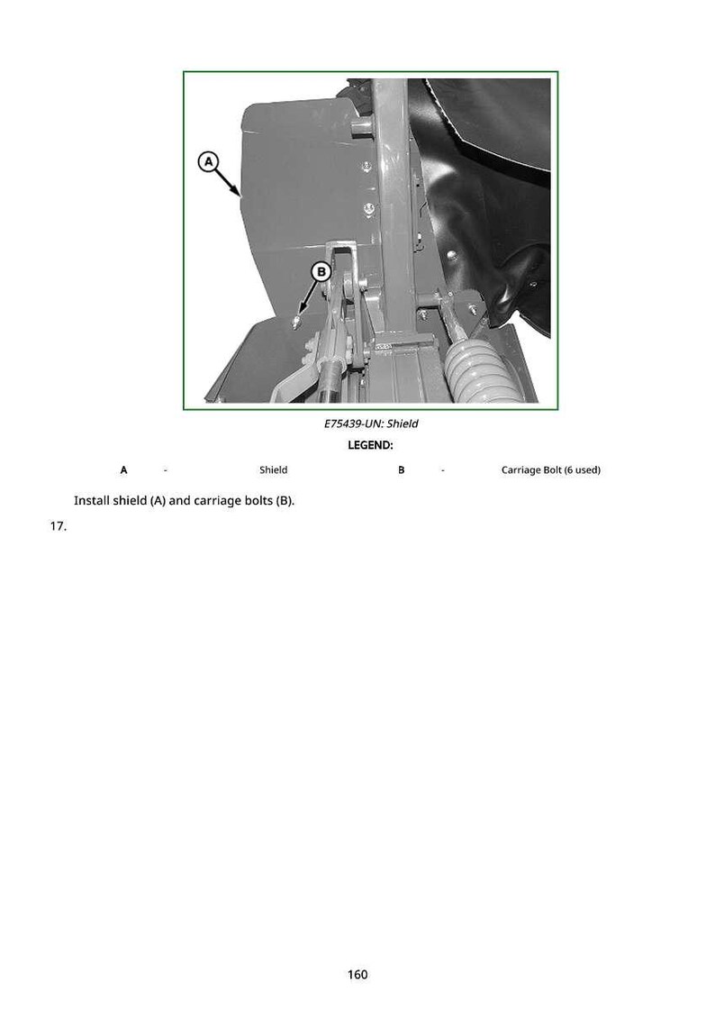 May include: An illustration of a mechanical component, featuring a shield and carriage bolts. The image includes labels and instructions for installation, with the text "E75439-UN: Shield" and "Install shield (A) and carriage bolts (B)."