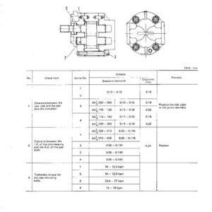 May include: A maintenance standard document with diagrams and a table detailing clearance and tightening torque specifications for a mechanical component. Includes measurements in millimeters.