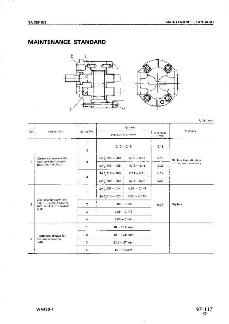 May include: A maintenance standard document with diagrams and a table detailing clearance and tightening torque specifications for a mechanical component. Includes measurements in millimeters.