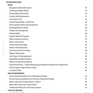 May include: A page from a manual titled "Table of Contents." The document lists safety information, general specifications, and fuel and lubricant details. The text is black on a white background.