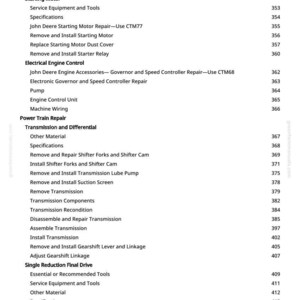 Puede incluir: Una p&aacute;gina de un manual de reparaci&oacute;n de motores John Deere, que enumera varios procedimientos de reparaci&oacute;n de motores y transmisiones. El texto incluye secciones sobre alternadores, motores de arranque y control el&eacute;ctrico del motor.