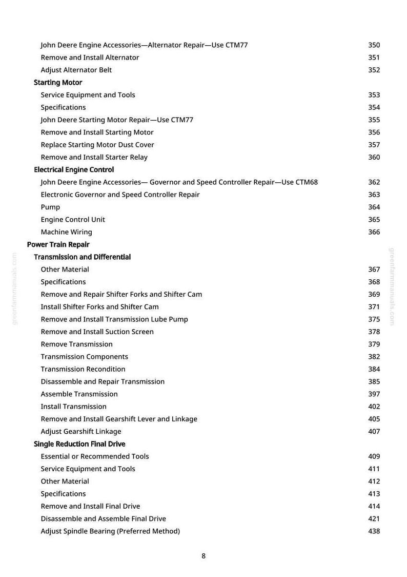Puede incluir: Una p&aacute;gina de un manual de reparaci&oacute;n de motores John Deere, que enumera varios procedimientos de reparaci&oacute;n de motores y transmisiones. El texto incluye secciones sobre alternadores, motores de arranque y control el&eacute;ctrico del motor.