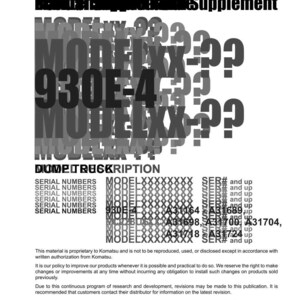 Puede incluir: Documento blanco con texto negro, incluyendo "Original Instructions Supplement" y "930E-4". El logotipo de Komatsu est&aacute; en la parte inferior. El texto incluye n&uacute;meros de serie y modelo.