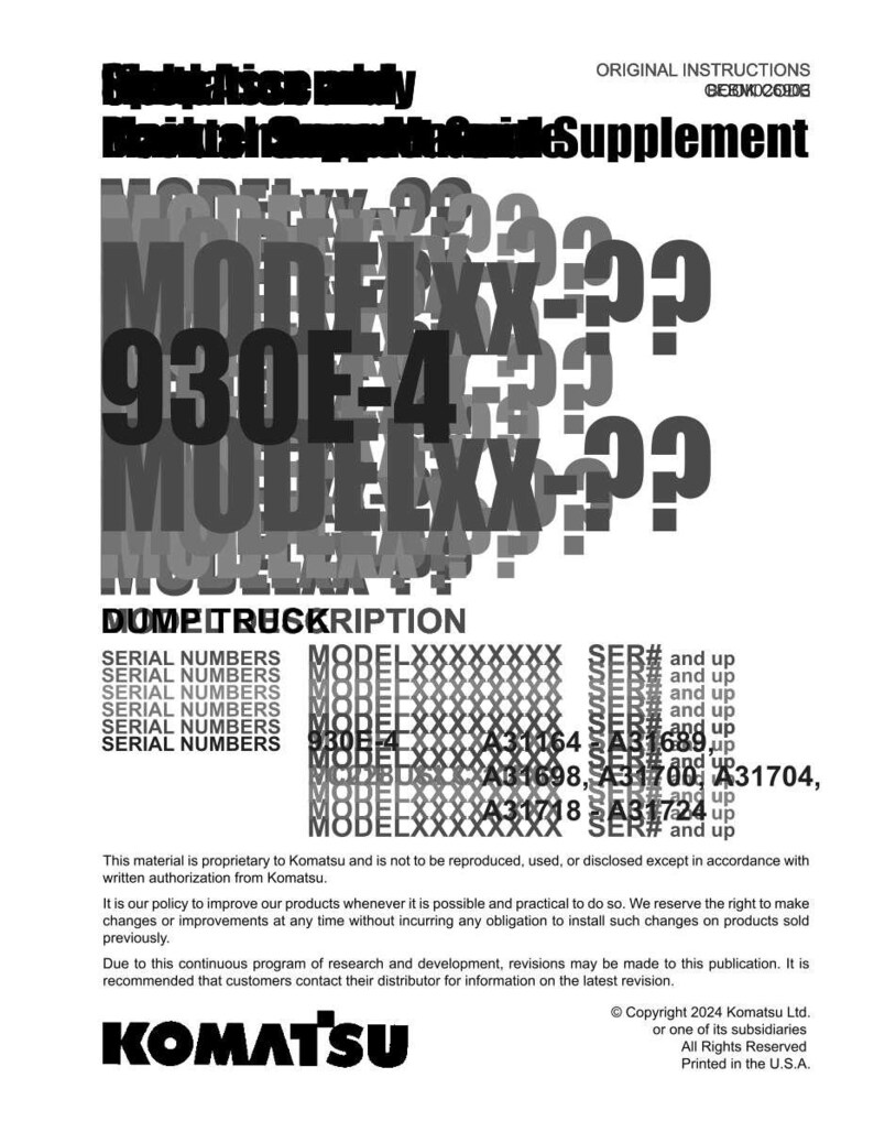 Puede incluir: Documento blanco con texto negro, incluyendo "Original Instructions Supplement" y "930E-4". El logotipo de Komatsu est&aacute; en la parte inferior. El texto incluye n&uacute;meros de serie y modelo.