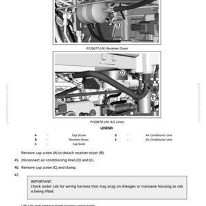 May include: Diagram of tractor components, including a receiver dryer, air conditioning lines, and cap screws. Text labels identify parts and provide instructions for maintenance and repair. The image is in black and white.