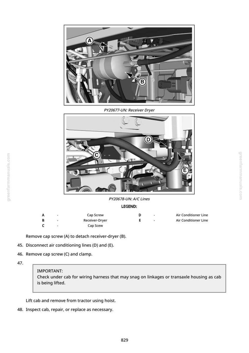 May include: Diagram of tractor components, including a receiver dryer, air conditioning lines, and cap screws. Text labels identify parts and provide instructions for maintenance and repair. The image is in black and white.