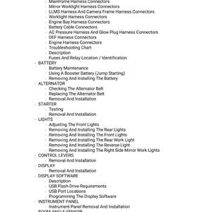 May include: A list of automotive repair topics and procedures, including harness connectors, battery maintenance, alternator and starter service, and light adjustments. The text is in a clear, easy-to-read font.