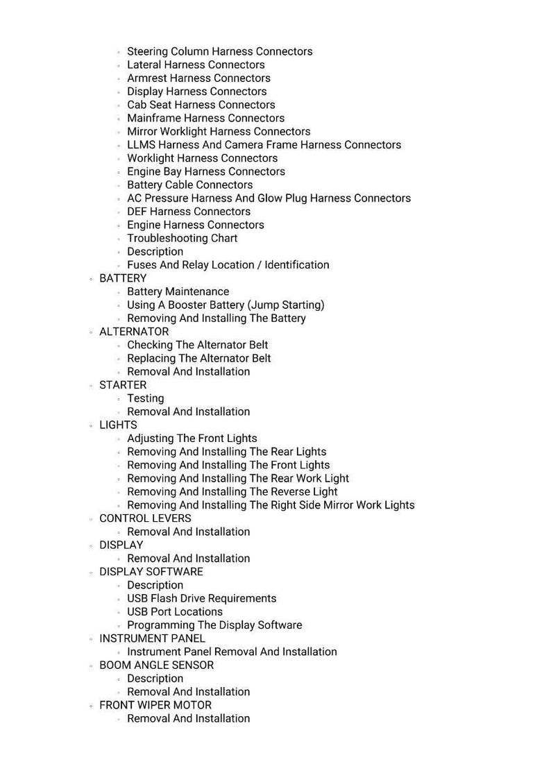 May include: A list of automotive repair topics and procedures, including harness connectors, battery maintenance, alternator and starter service, and light adjustments. The text is in a clear, easy-to-read font.