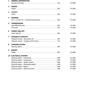 May include: A table of contents page from a manual, listing sections on general information, engine, clutch, gearbox, transmission, power take-off, hydraulic circuits, steering system, brakes, and electrical systems. The edition is 07-2004.