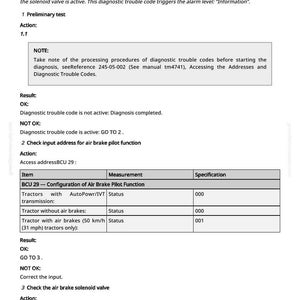 May include: A diagnostic document titled "BCU 302122.31 - Air Brake Solenoid Valve, Circuit Fault." The document includes troubleshooting steps, results, and specifications for air brake systems. The text is in black on a white background.