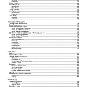 May include: A detailed table of contents from a manual, featuring sections on Draper, Cutting Components, Electrical, and Hydraulics. The text is black on a white background, with page numbers and subheadings. The document includes terms like "Removal," "Installation," and "Assembly."
