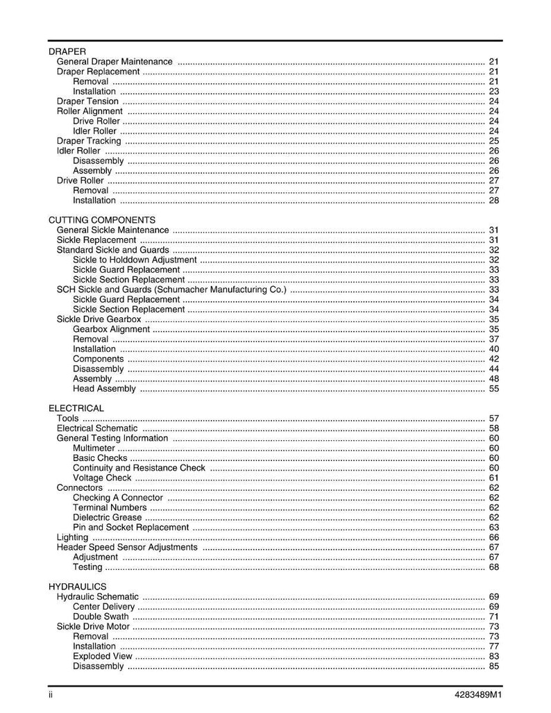 May include: A detailed table of contents from a manual, featuring sections on Draper, Cutting Components, Electrical, and Hydraulics. The text is black on a white background, with page numbers and subheadings. The document includes terms like "Removal," "Installation," and "Assembly."
