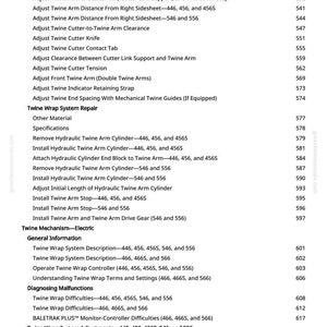 May include: A page from a manual detailing twine wrap system adjustments and repairs. The text includes specifications, adjustments, and troubleshooting for agricultural machinery. The page number is 8.