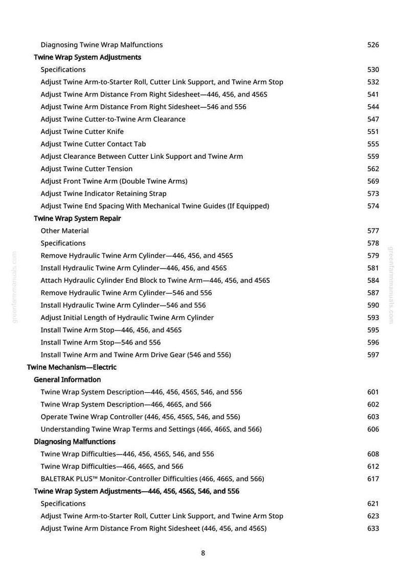 May include: A page from a manual detailing twine wrap system adjustments and repairs. The text includes specifications, adjustments, and troubleshooting for agricultural machinery. The page number is 8.