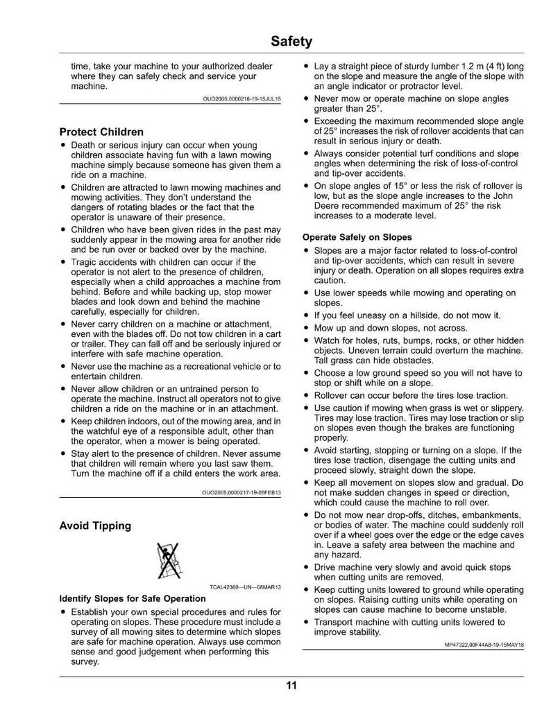 May include: A safety guide with text and illustrations, providing instructions for safe lawn mower operation. Topics include protecting children, avoiding tipping, and safe operation on slopes. The guide emphasizes caution and awareness.