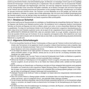 May include: A page from a manual with the title "EINLEITUNG" (Introduction) and safety guidelines for tractor repair. The text is in German and includes warnings about potential hazards and safety measures.
