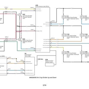 May include: Diagram of a crop divider system, featuring components like pressure sensors, solenoid valves, and control units. The diagram includes text labels and wiring connections, with the text "Crop Divider Up and Down" at the bottom.