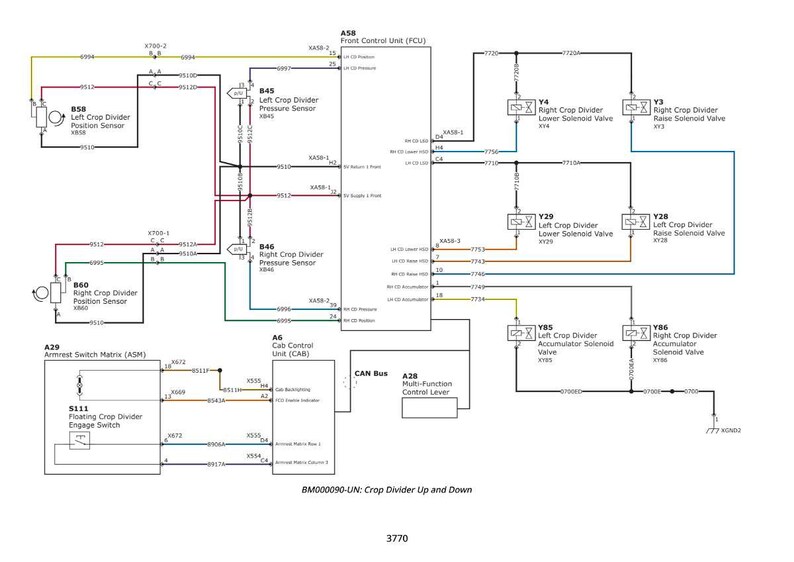 May include: Diagram of a crop divider system, featuring components like pressure sensors, solenoid valves, and control units. The diagram includes text labels and wiring connections, with the text "Crop Divider Up and Down" at the bottom.