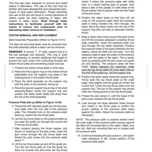 K&ouml;nnte beinhalten: Eine Seite aus dem Niehoff-Handbuch zur &Uuml;berholung von Lichtmaschinen mit Anweisungen f&uuml;r das Stator-Service-Werkzeug. Der Text enth&auml;lt Schritte zum Aus- und Einbau des Stators mit Diagrammen und Notizen. Das Handbuch ist vom 04/01.